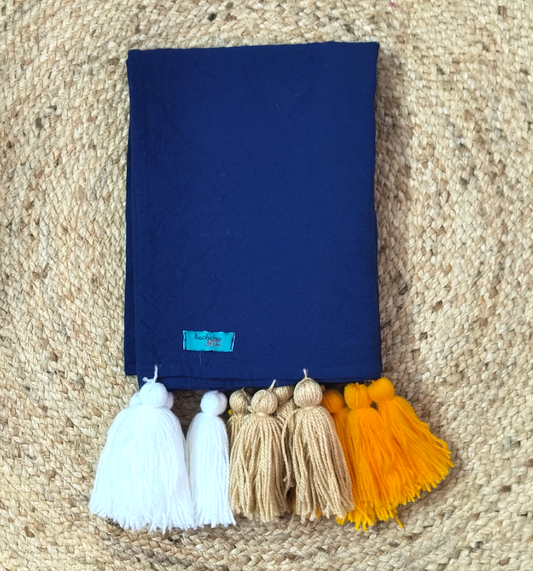 Navy Cotton Slub Sofa Cover with Yellow Beige White Tassels