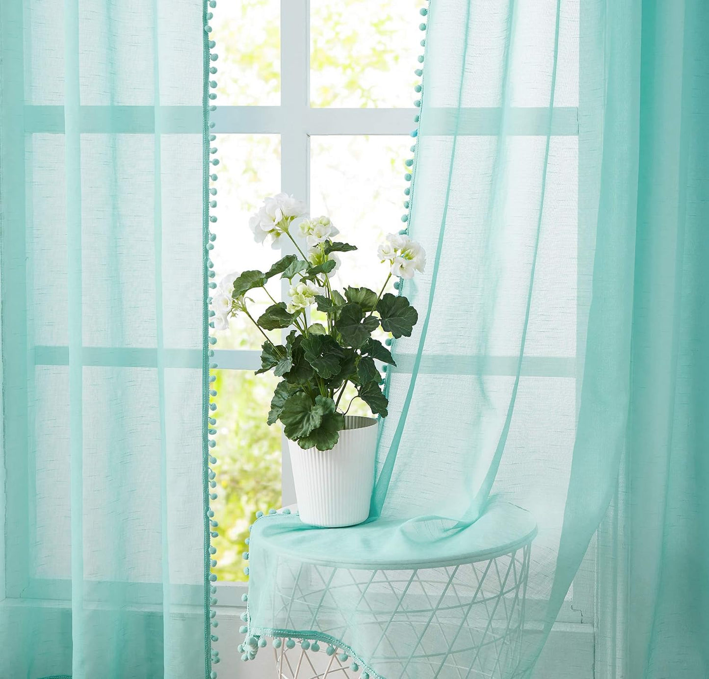 Teal Pompom Lace Georgette Sheer Curtain