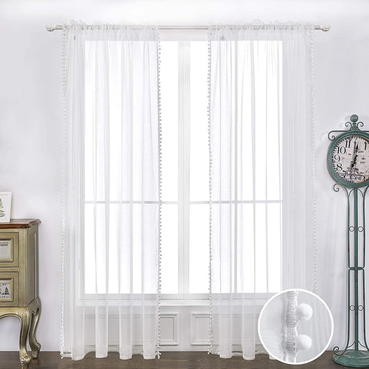 White Color Pompom Lace White Sheer Curtain