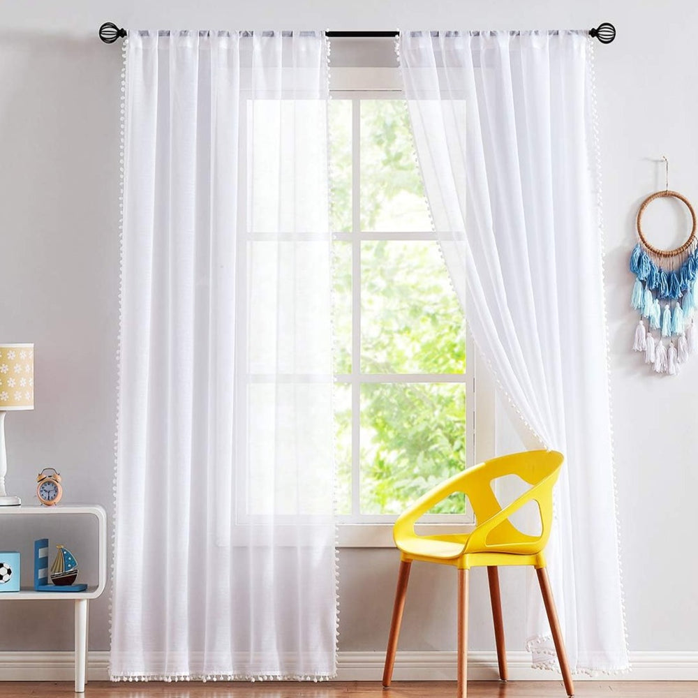 White Pompom Lace Georgette Sheer Curtain
