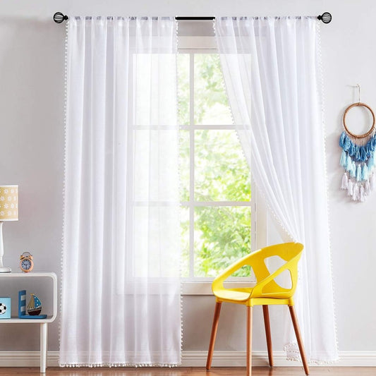 White Pompom Lace Georgette Sheer Curtain
