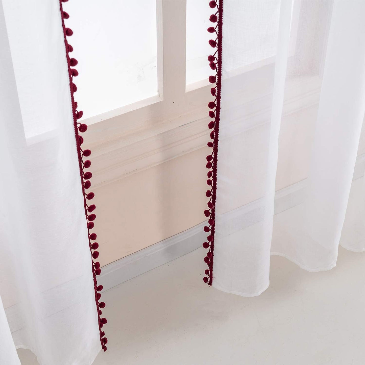 Wine Color Pompom Lace White Sheer Curtain