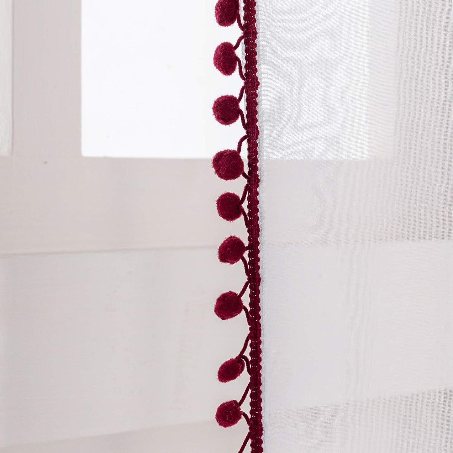 Wine Color Pompom Lace White Sheer Curtain