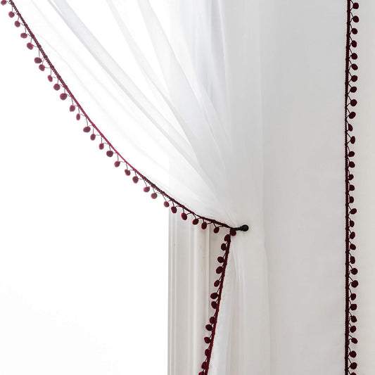 Wine Color Pompom Lace White Sheer Curtain