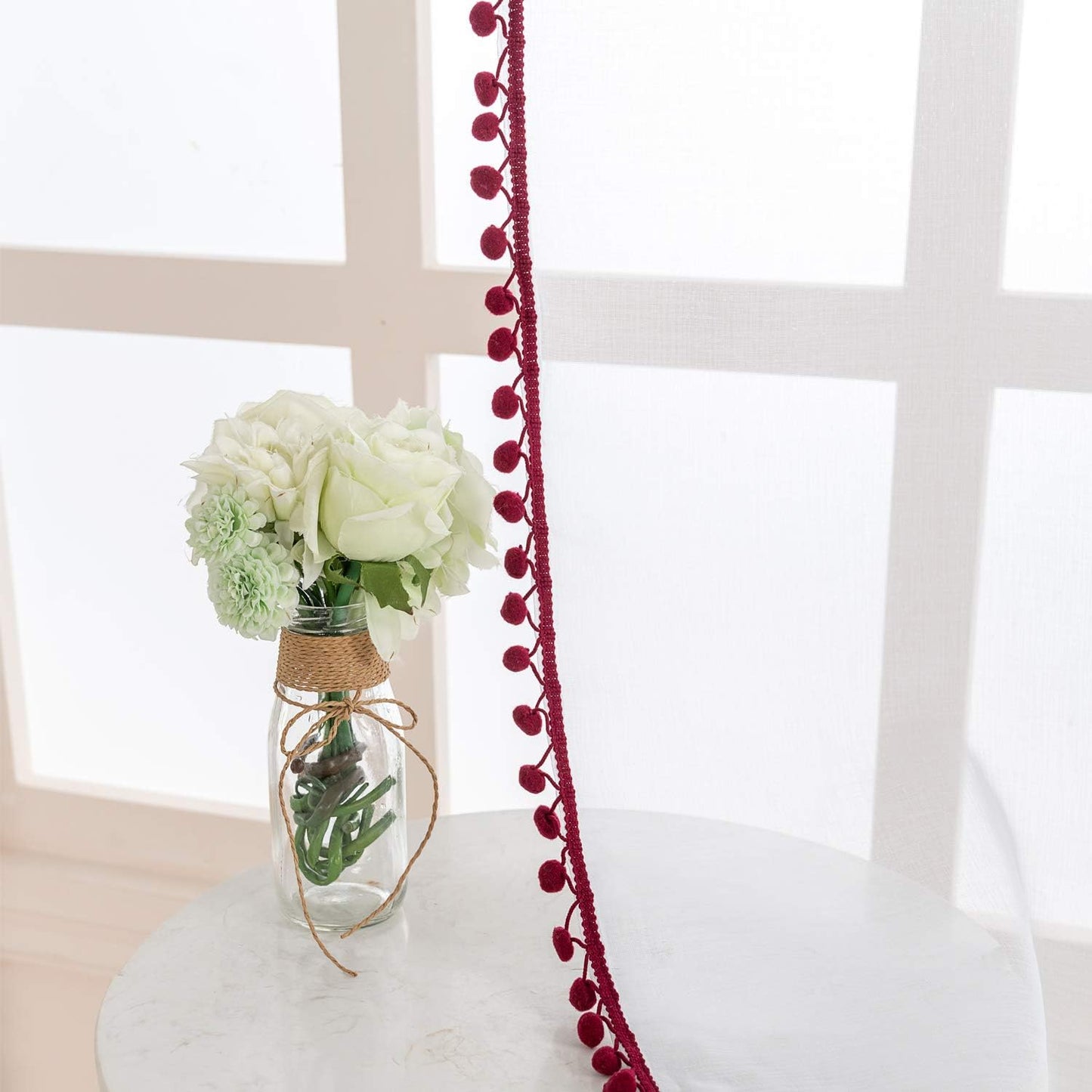 Wine Color Pompom Lace White Sheer Curtain