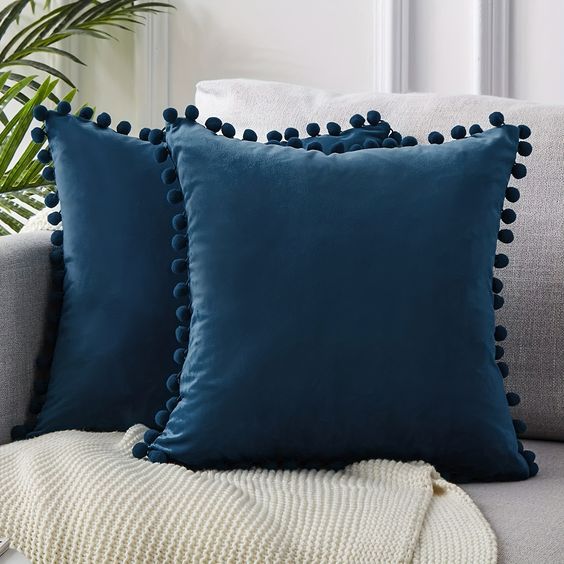 Navy Pompom Lace Cotton Cushion Cover