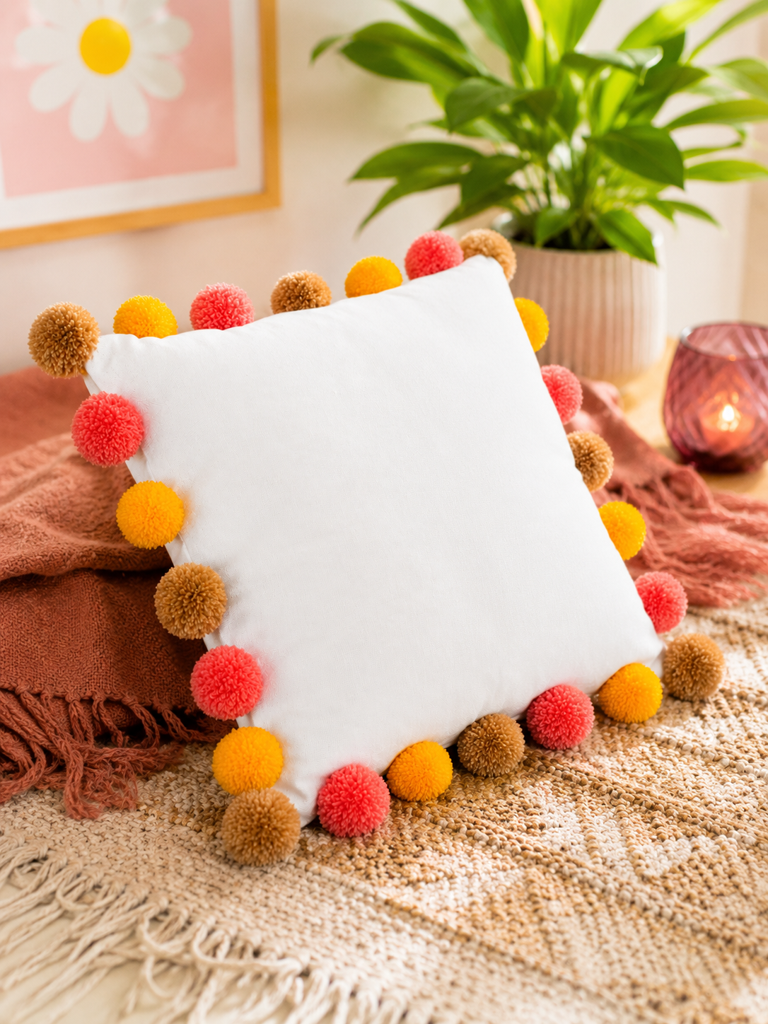 Sunset Bliss Pompom White Cotton Cushion Cover with Lining