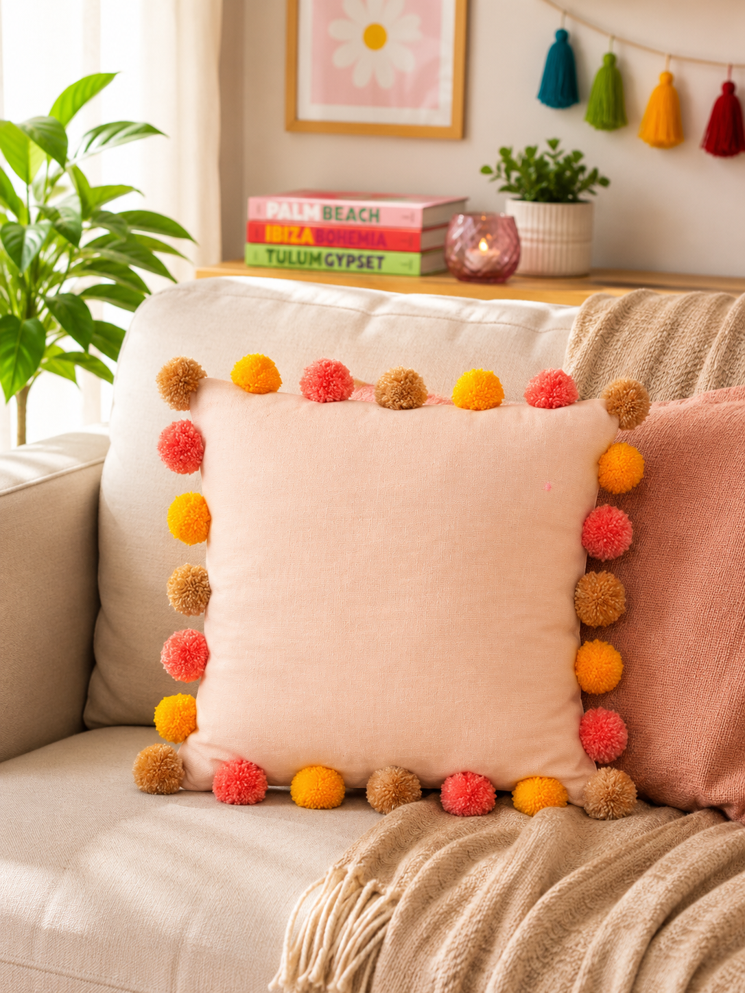 Sunset Bliss Pompom Peach Cotton Cushion Cover with Lining
