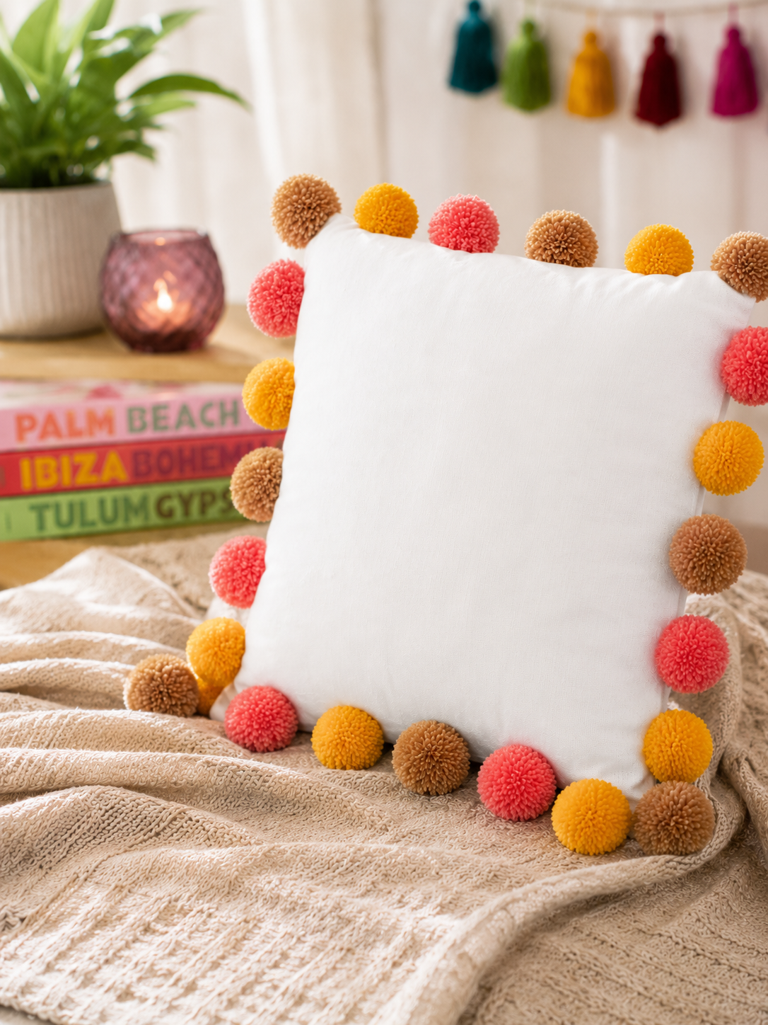 Sunset Bliss Pompom White Cotton Cushion Cover with Lining