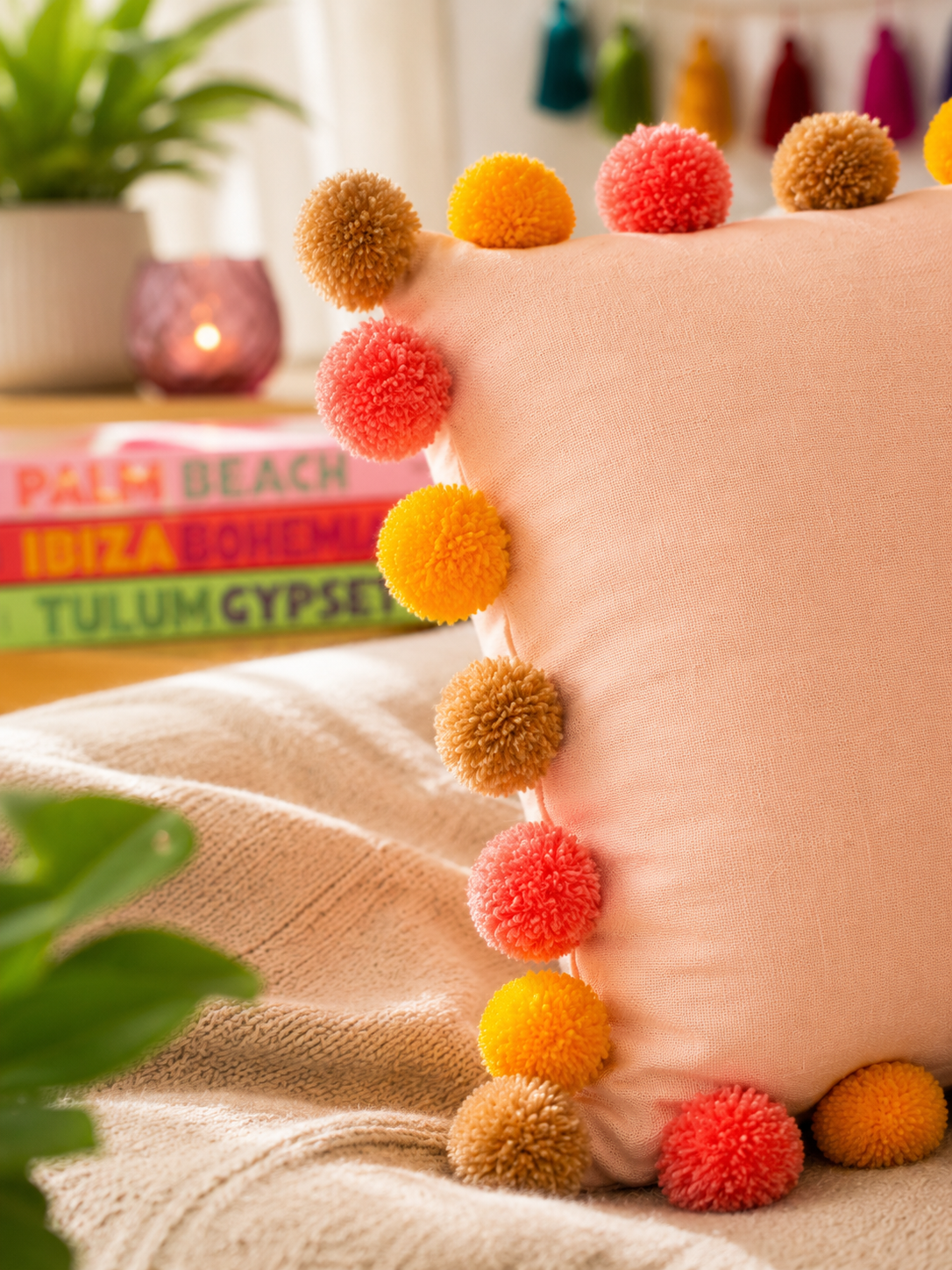 Sunset Bliss Pompom Peach Cotton Cushion Cover with Lining