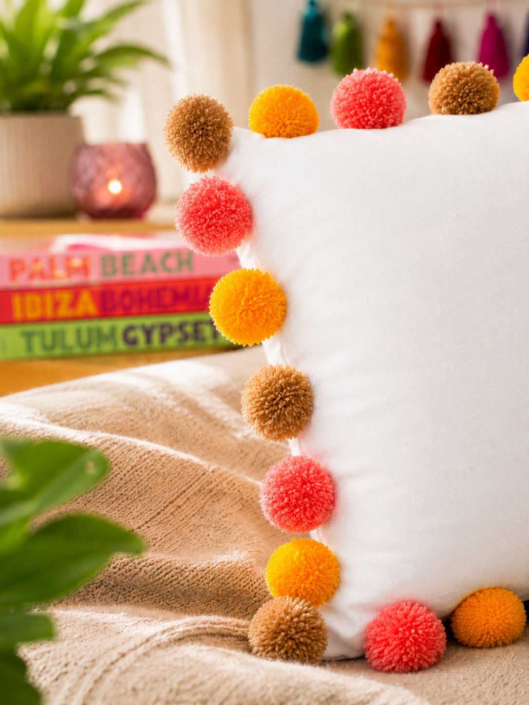 Sunset Bliss Pompom White Cotton Cushion Cover with Lining