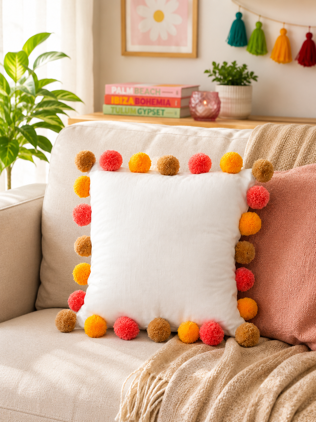 Sunset Bliss Pompom White Cotton Cushion Cover with Lining