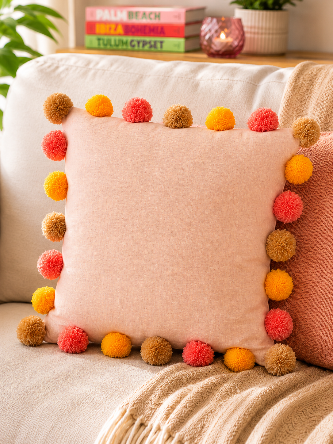Sunset Bliss Pompom Peach Cotton Cushion Cover with Lining