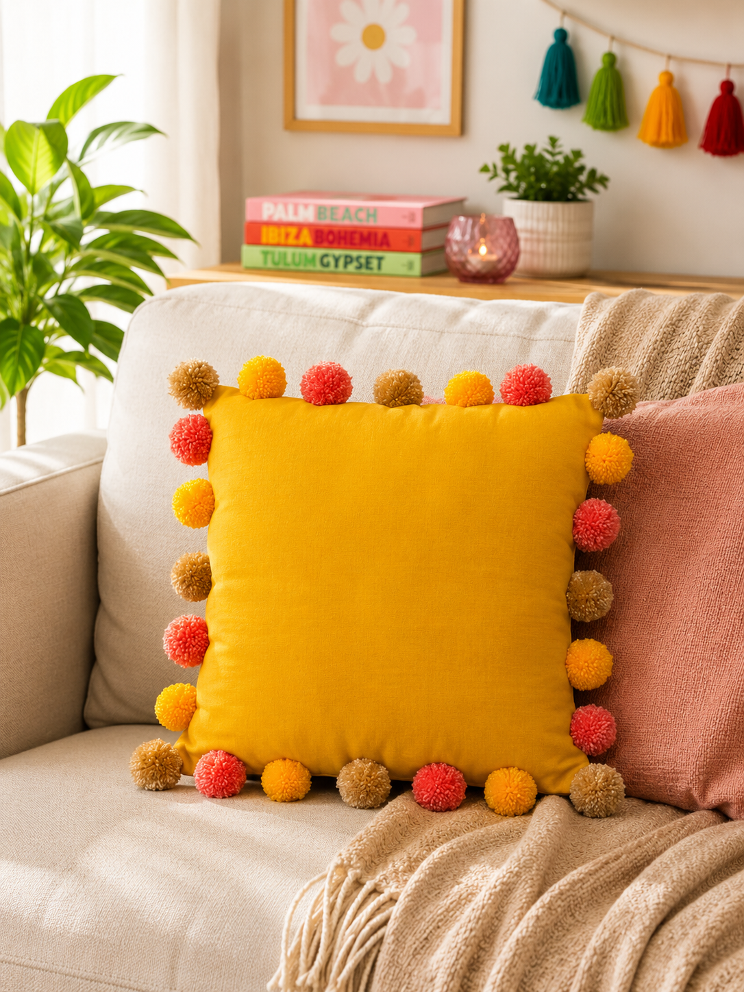 Sunset Bliss Pompom Yellow Cotton Cushion Cover with Lining