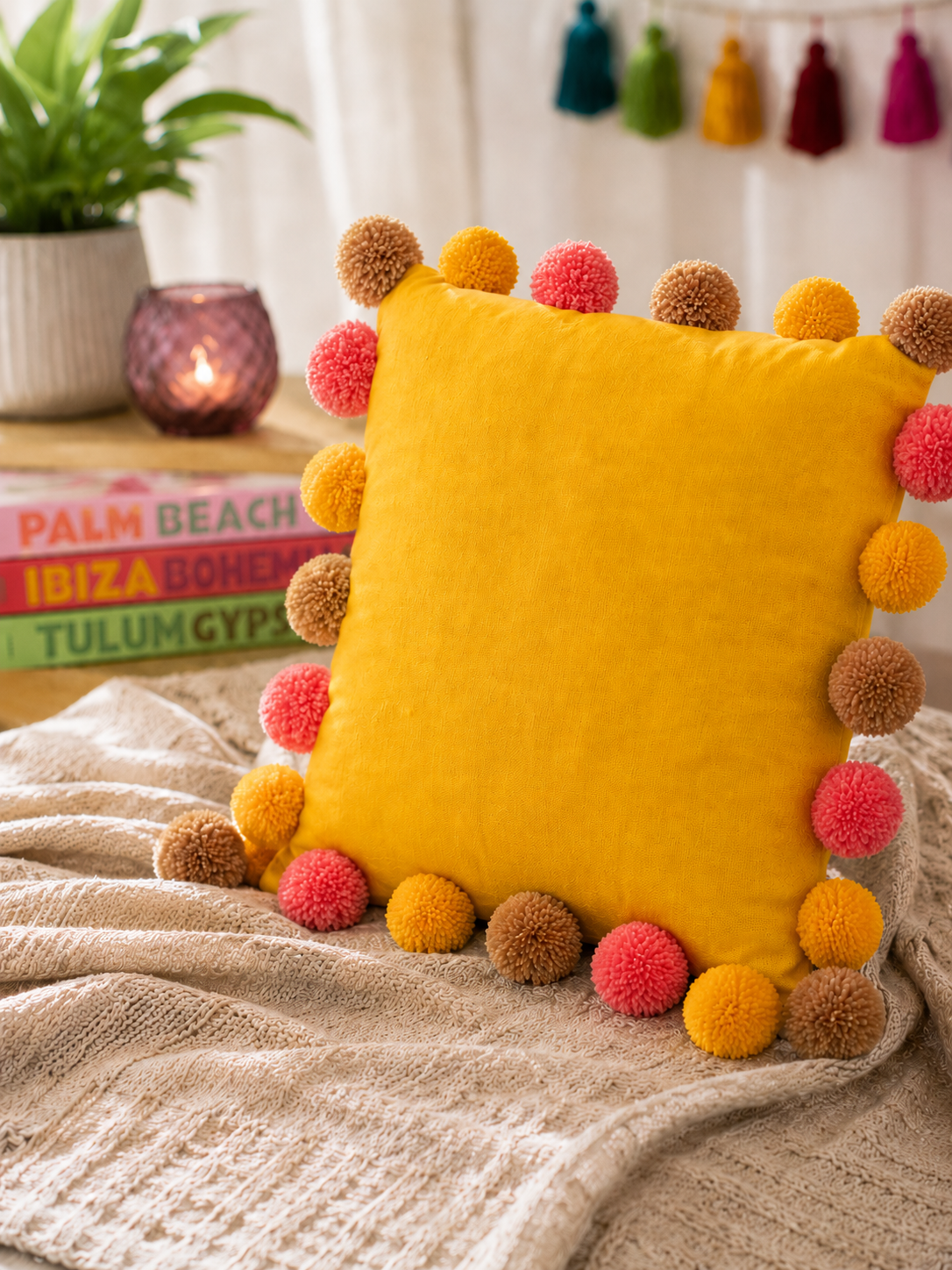 Sunset Bliss Pompom Yellow Cotton Cushion Cover with Lining
