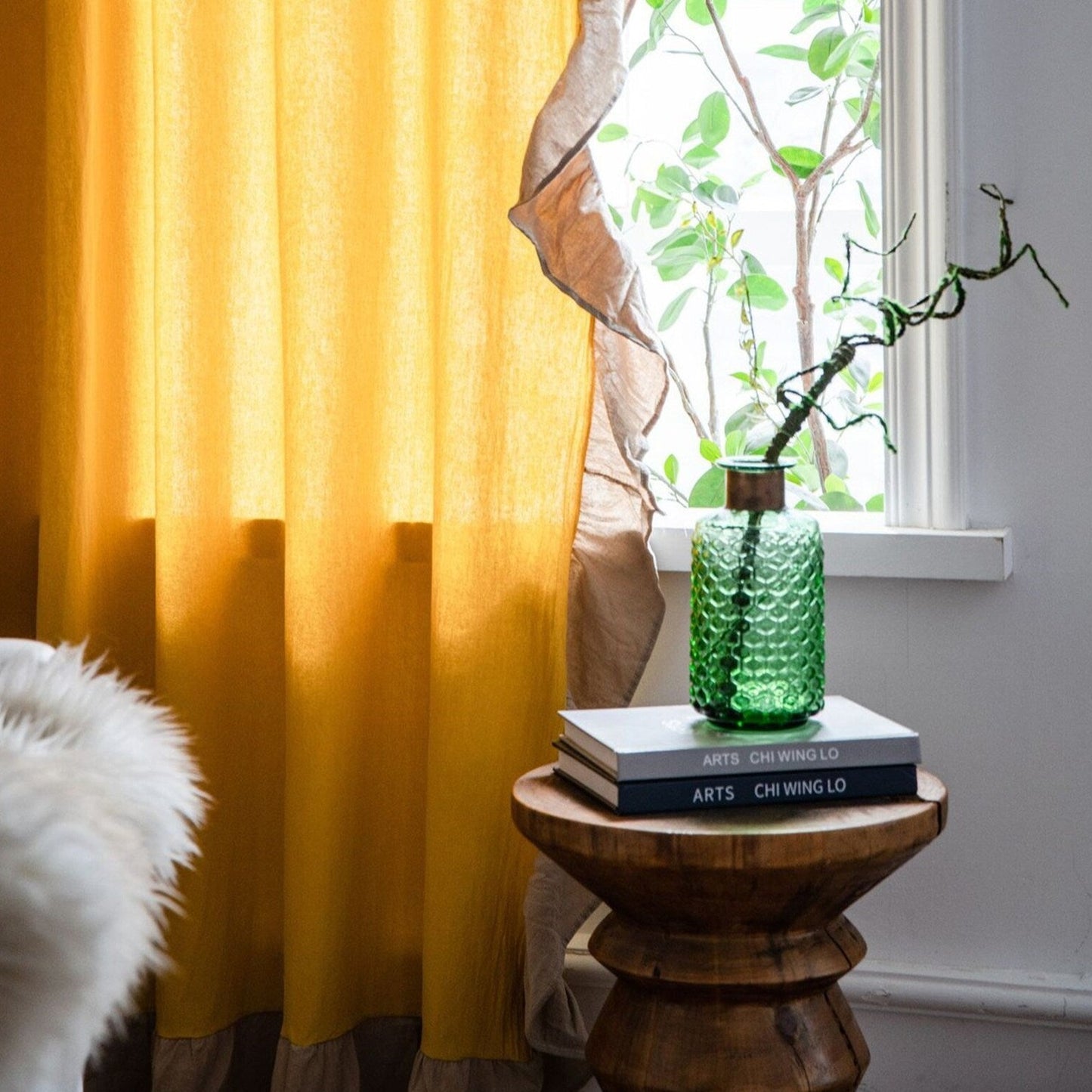 Dual Tone Yellow Beige Side Frill Curtains 100% Cotton Material