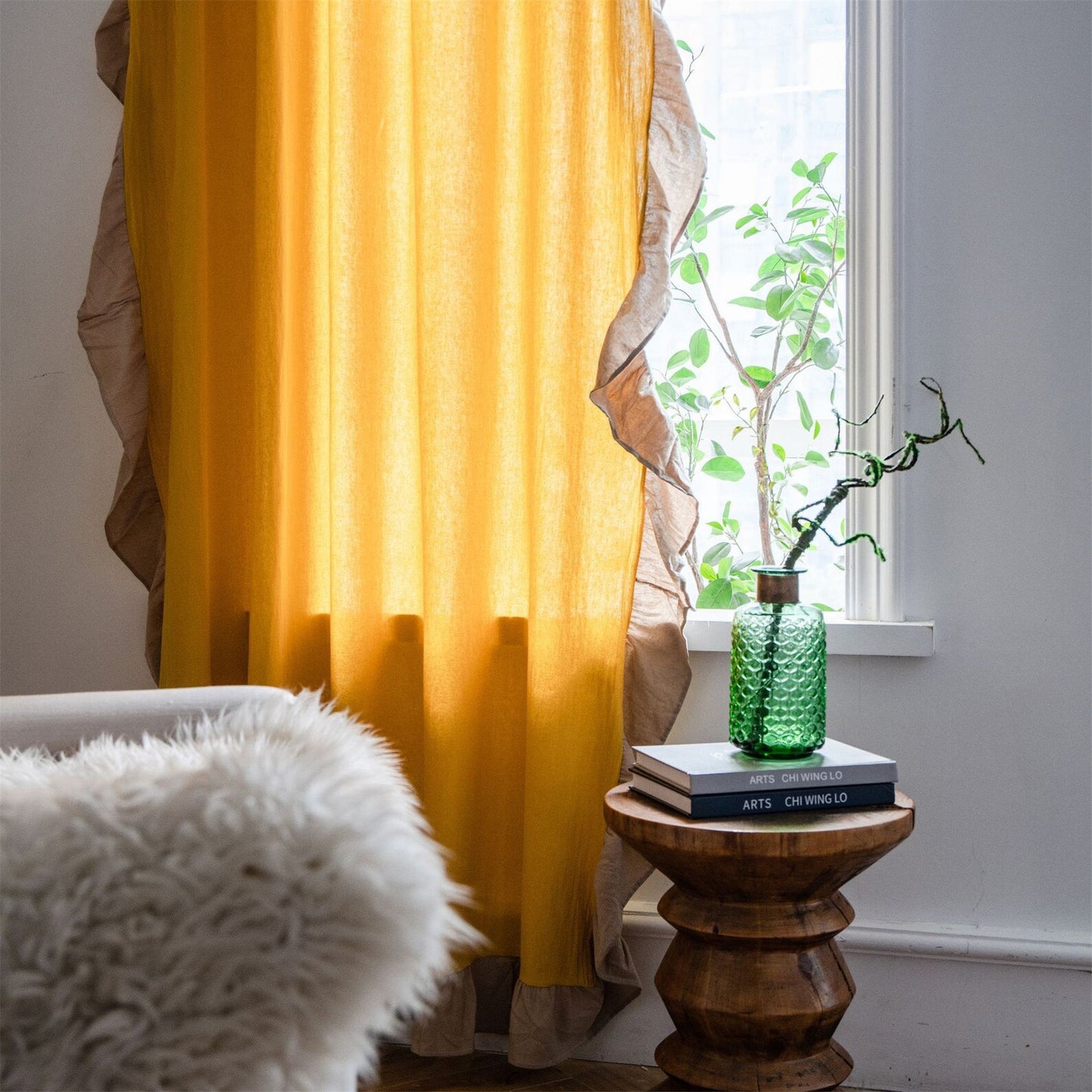 Dual Tone Yellow Beige Side Frill Curtains 100% Cotton Material