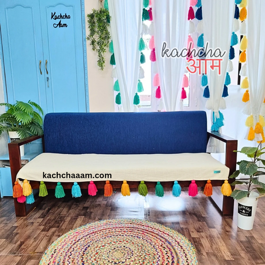 Natural Cotton Slub Sofa Cover with Rainbow Tassels
