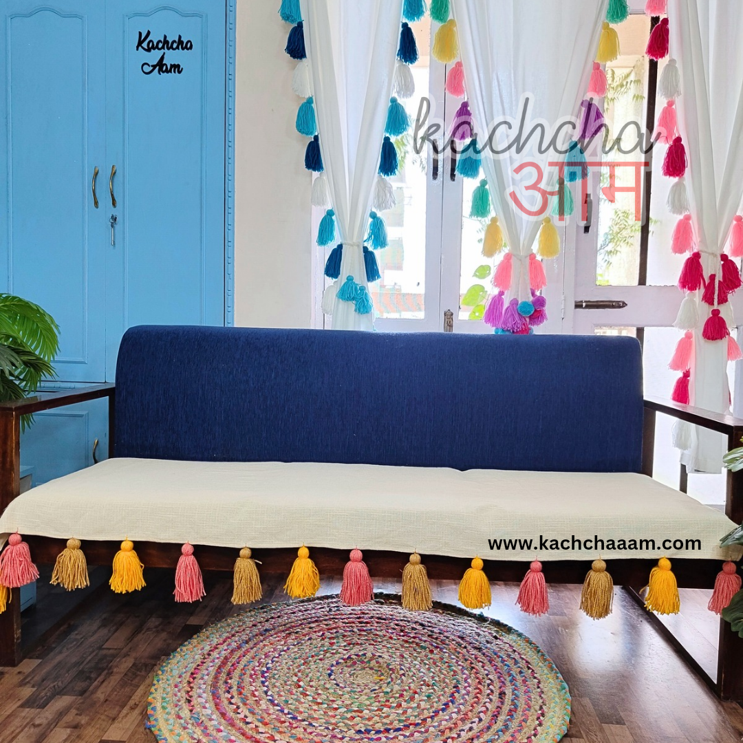 Natural Cotton Slub Sofa Cover with Sunset Bliss Tassels