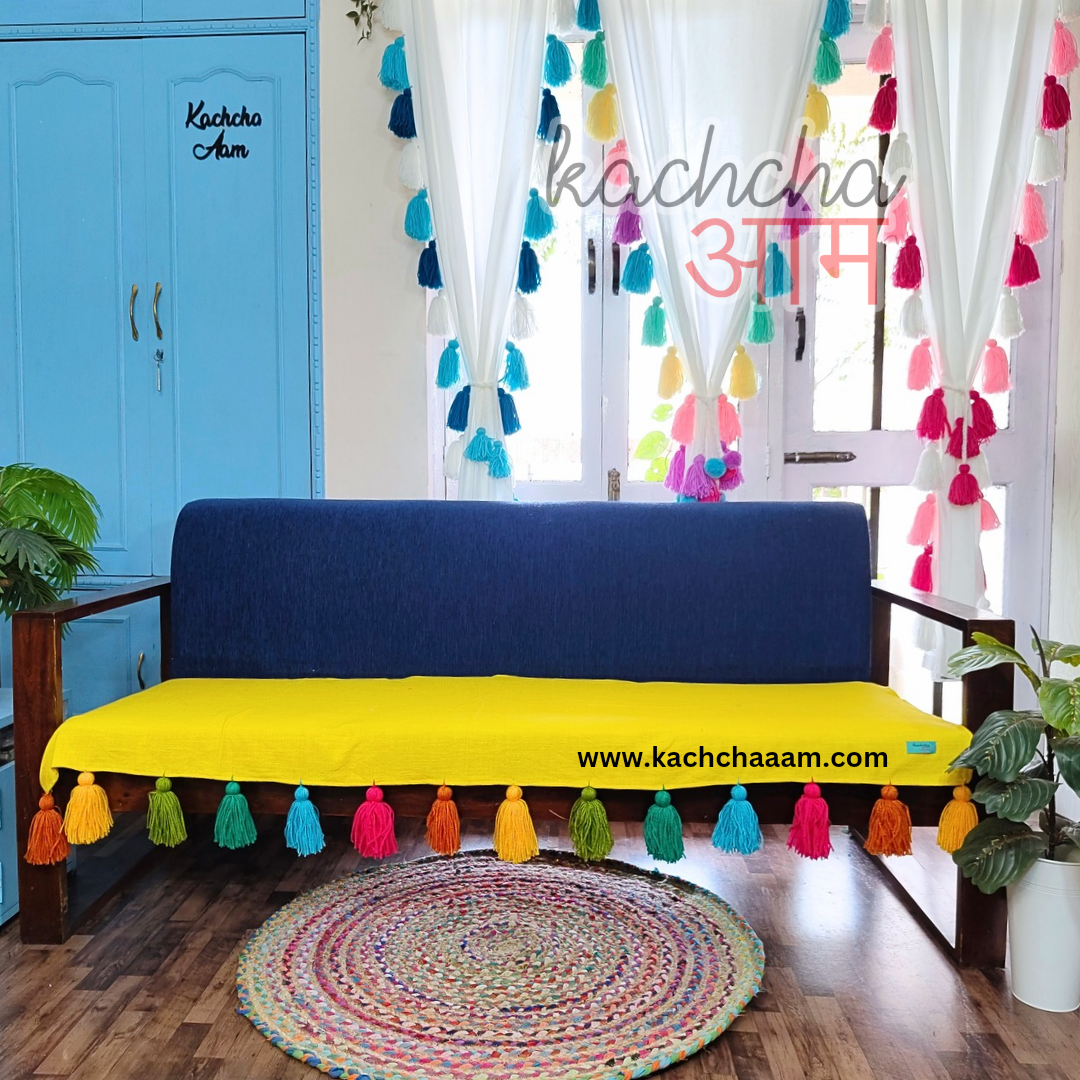 Yellow Cotton Slub Sofa Cover with Rainbow Tassels