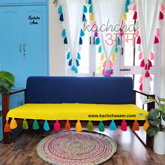 Yellow Cotton Slub Sofa Cover with Rainbow Tassels