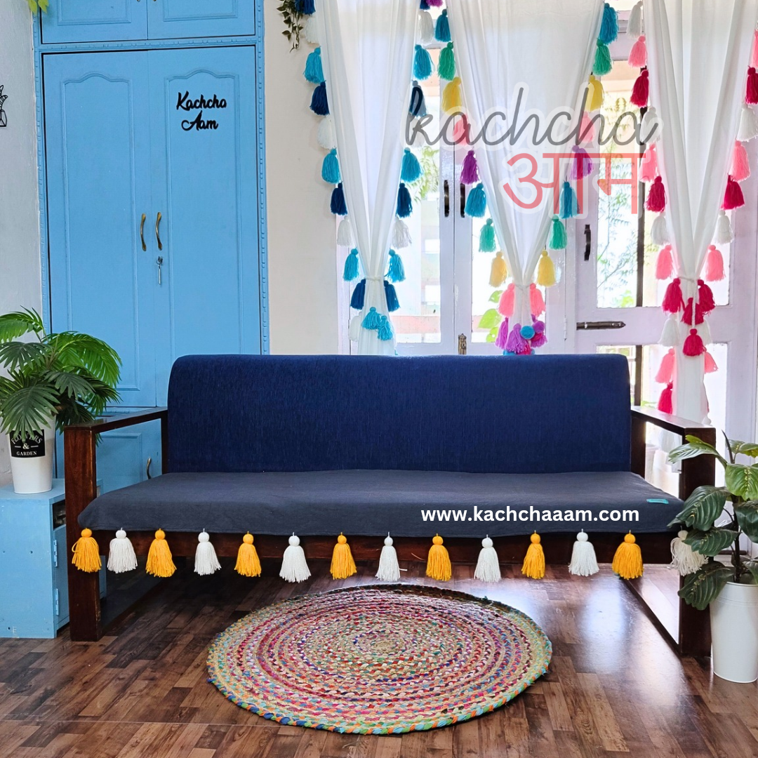 Grey Cotton Slub Sofa Cover with Yellow & White Tassels