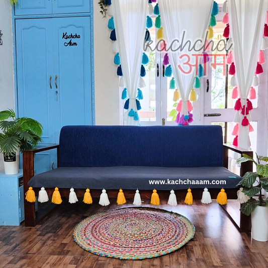 Grey Cotton Slub Sofa Cover with Yellow & White Tassels
