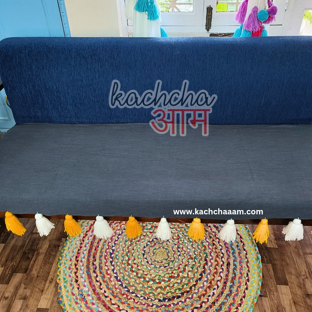 Grey Cotton Slub Sofa Cover with Yellow & White Tassels