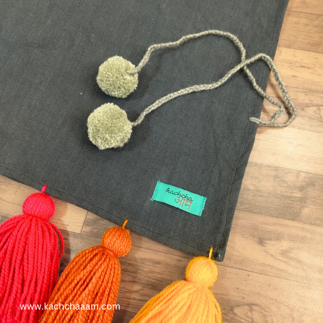 Grey Cotton Slub Chair Cover with Rainbow Tassels