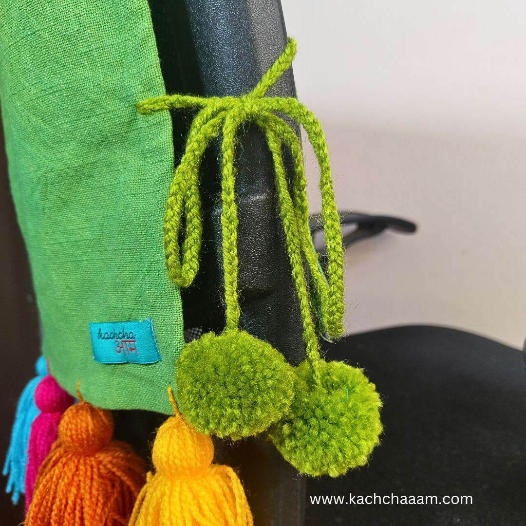 Green Cotton Slub Chair Cover with Rainbow Tassels