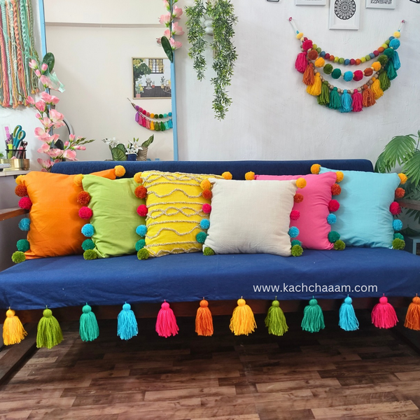 Navy Cotton Slub Sofa Cover with Multi Tassels