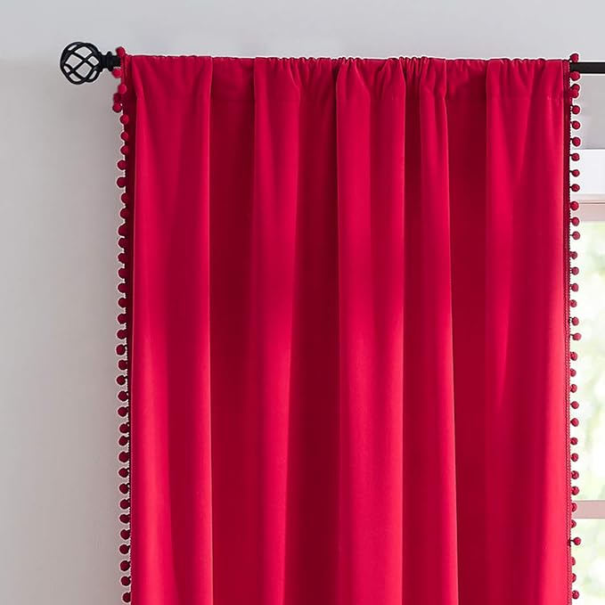 Red Pompom Lace Colored Cotton Curtains