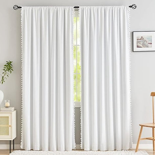 White Pompom Lace Colored Cotton Curtains
