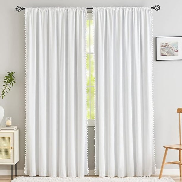 White Pompom Lace Colored Cotton Curtains