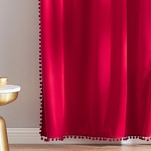 Red Pompom Lace Colored Cotton Curtains