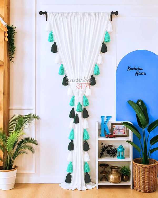 Sea Green Ombre Tassel White Curtains (Cotton & Sheer)