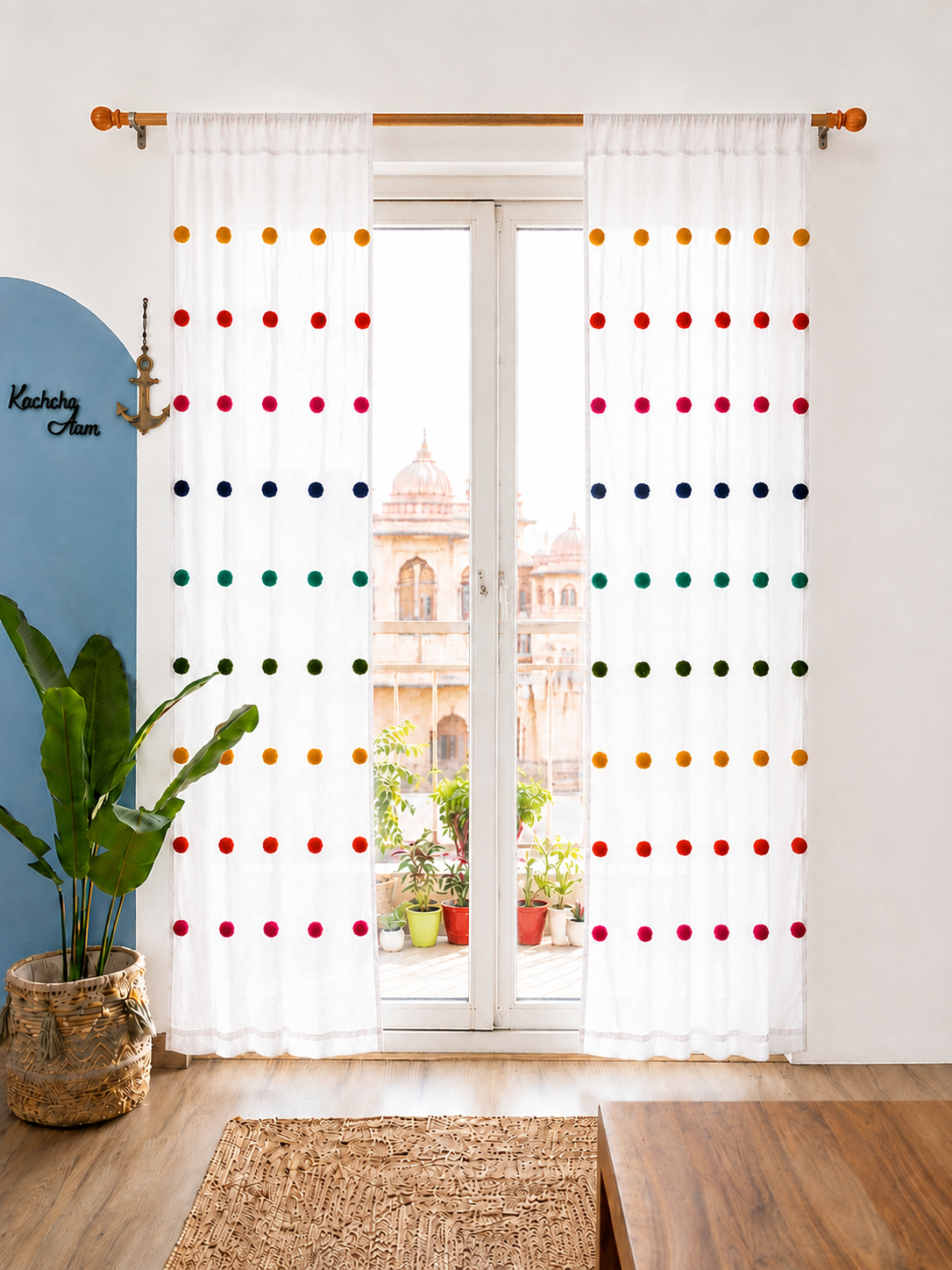 Rainbow Pompom White Curtains