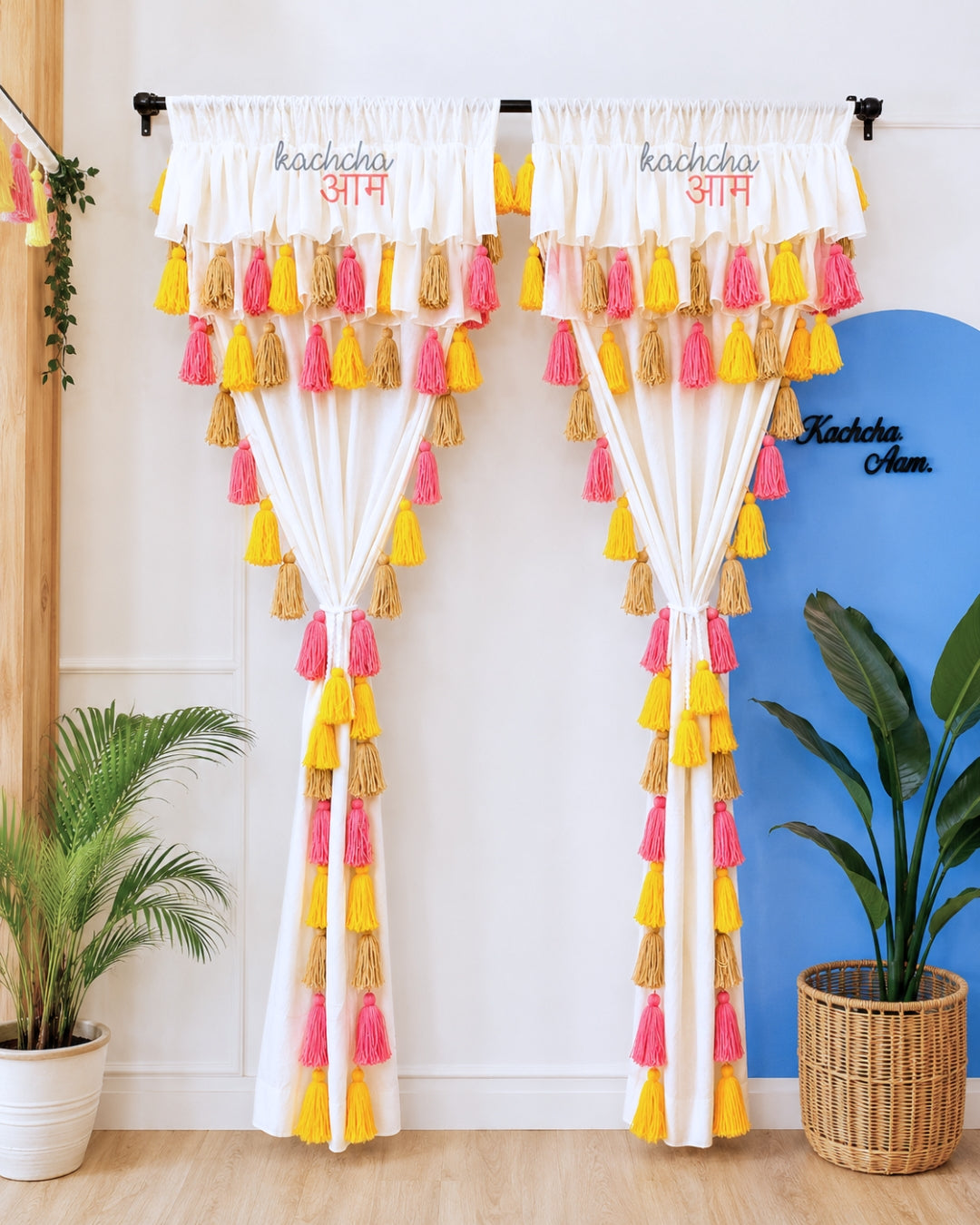Sunset Tassel White Curtains with Double Frills on Top (Cotton & Sheer)