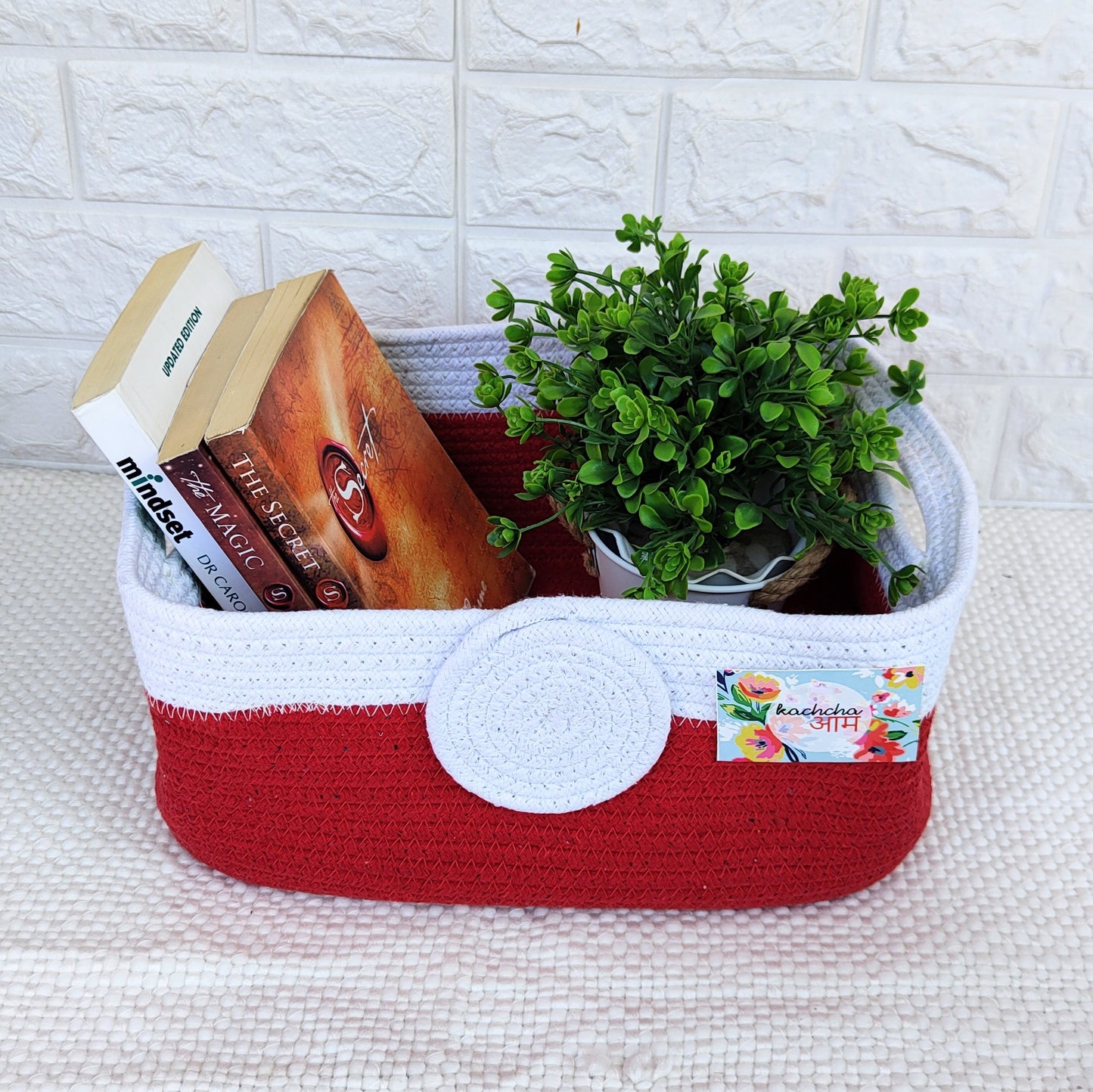 Red & White Rectangle Cotton Rope Organizer Basket