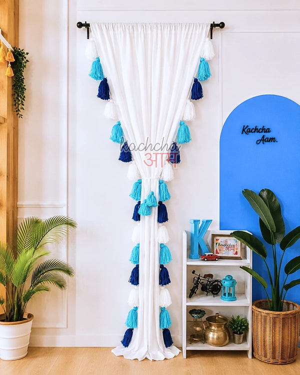 Blue Ombre Tassel White Curtains (Cotton & Sheer)