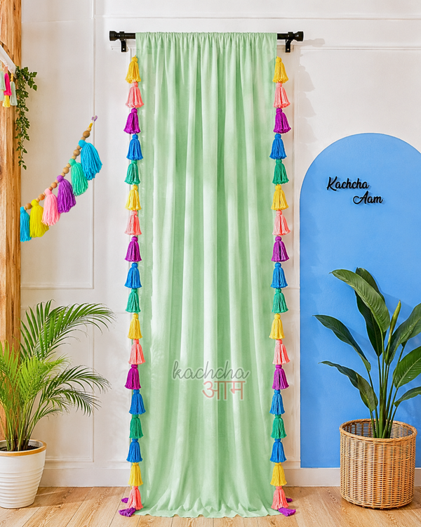 Celestial Sky Inspired Tassels Mint Curtains (Cotton/Sheer)