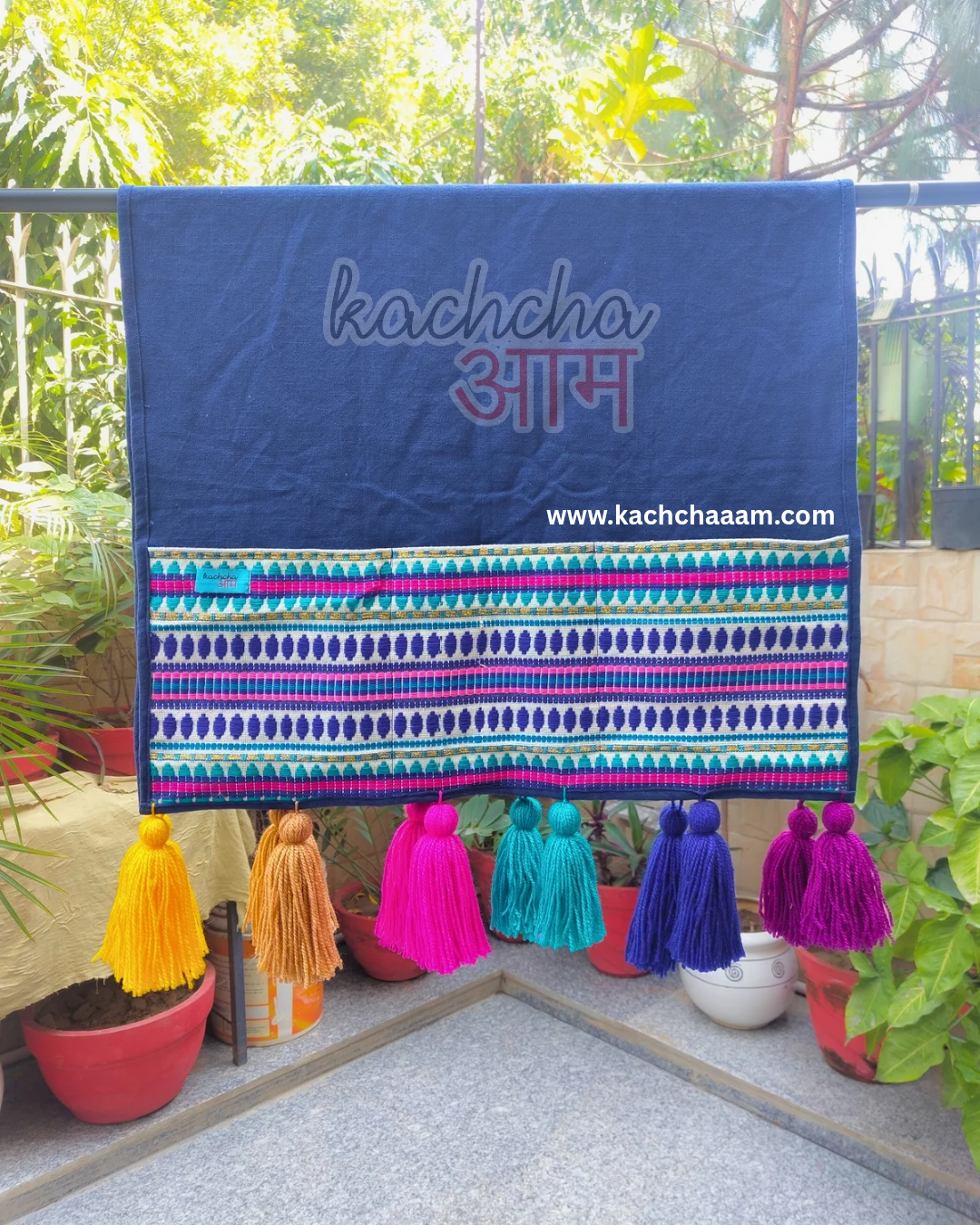 Navy Cotton Slub Solid Fridge Cover with Navy Jacquard Fabric Pockets & Multi Tassels
