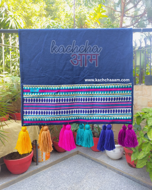 Navy Cotton Slub Solid Fridge Cover with Navy Jacquard Fabric Pockets & Multi Tassels