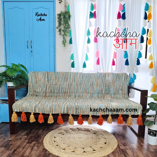 Handloom Sofa Throw cover with Orange and Beige Tassels