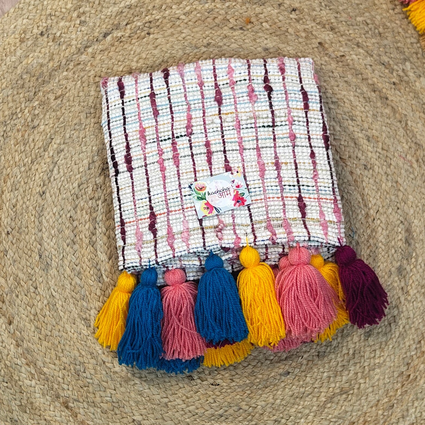 Plum Handloom Sofa Throw cover with Multi Tassels