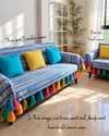 Blue Motif Jacquard Slub Sofa Cover with Rainbow Tassels