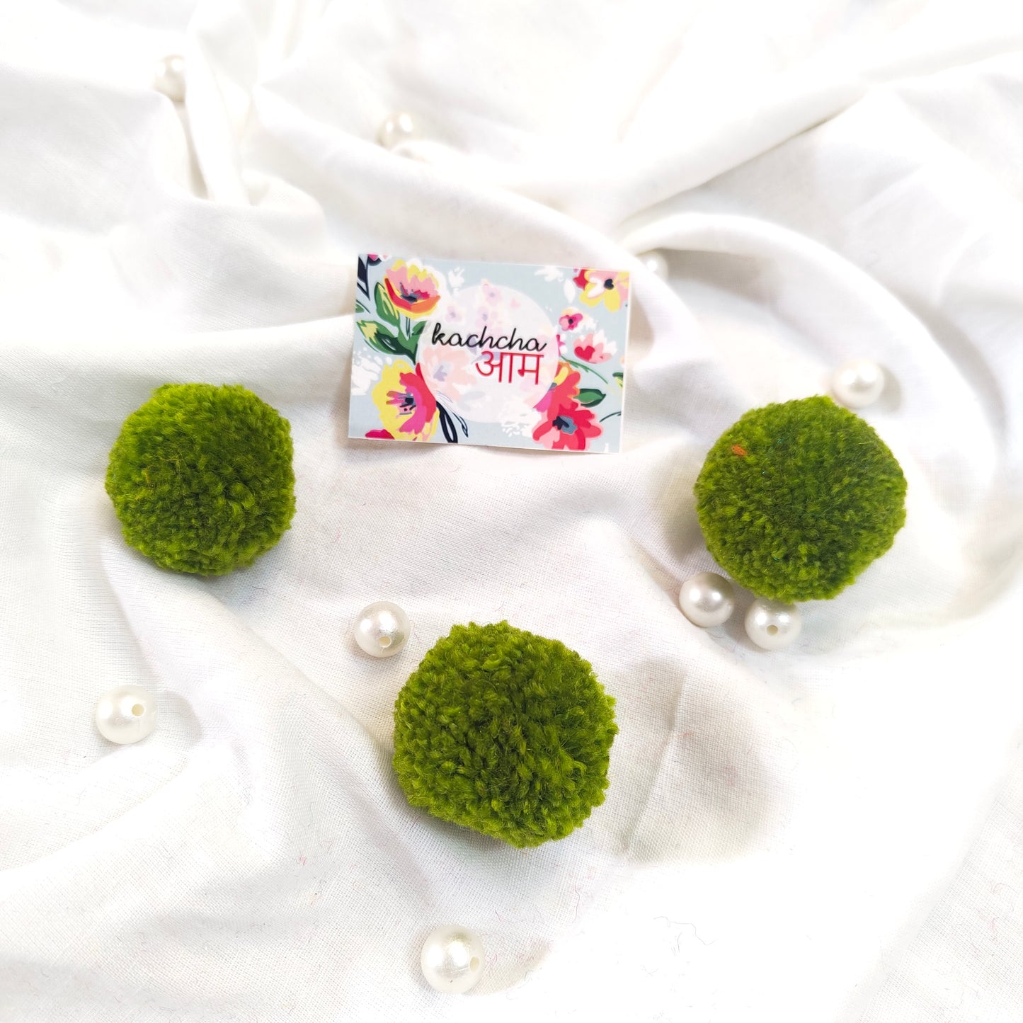 Handmade Premium wool Pompom Moss Green color
