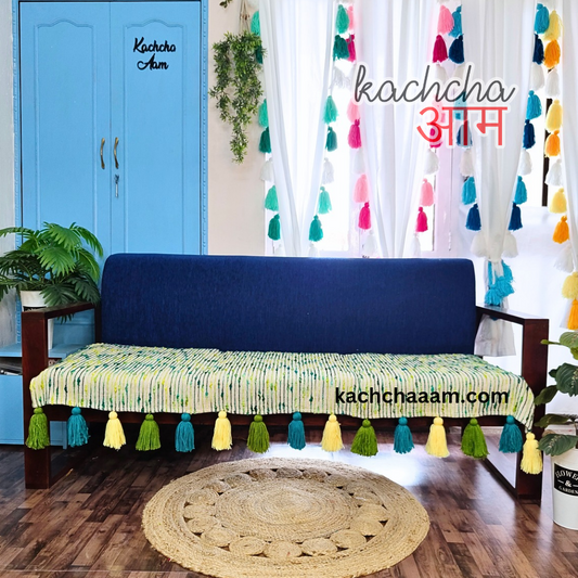 Shades of Green Handloom Sofa Cover with Multi Tassel