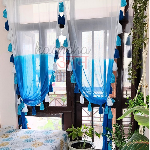 Blue Ombre Dyed Tassel Curtains (Cotton & Sheer)