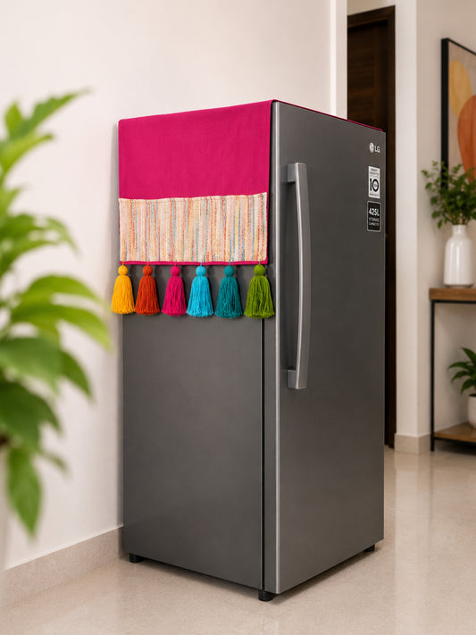 Magenta Pink Cotton Slub Solid Fridge Cover with Multicolored Jacquard Fabric Pockets and Rainbow Tassel